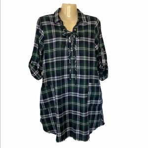 Ty Alexander Dress Front Tie Roll Up Sleeve Black Watch Tartan Plaid Academia Sm